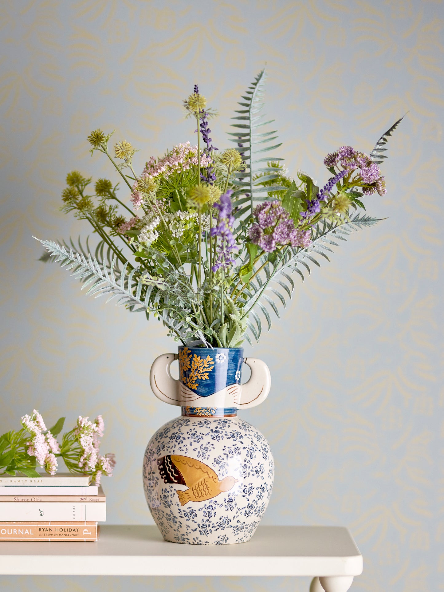 Steingutvase | Vogelmotiv | Hezha