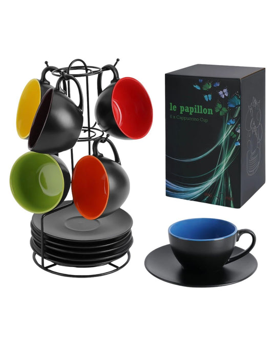 Buntes Tassenset von Miamio mit Ständer.