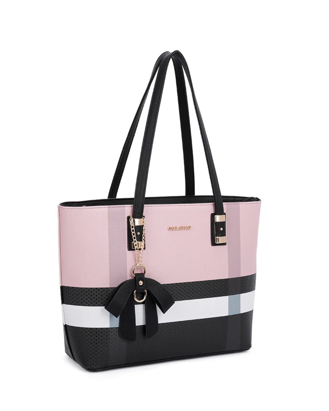 Handtasche in schwarz mit rosa und weiß.